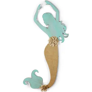 Amazon Metal Mermaid Wall Decor Sereia elegante Wall Art com decorativo angustiado acabamento azul e linho serapilheira para sala de estar Home Decor