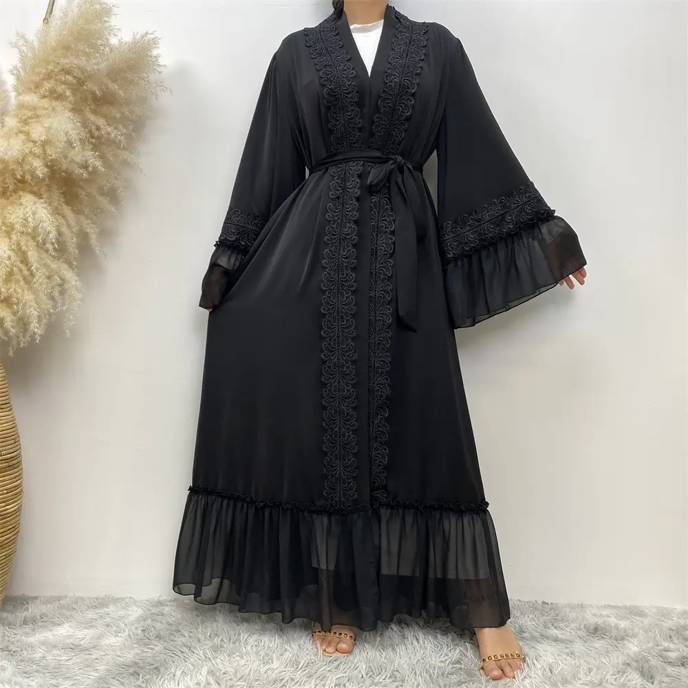 Muslim Women Dress Modest Chiffon Black Robe Lace Embroidery Trumpet Sleeve Lace-up Cardigan Robe