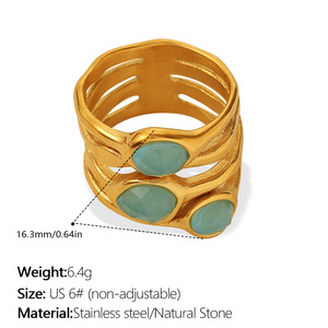 Anillo de piedra natural verde menta, diseño exclusivo, chapado en oro de 18k, acero inoxidable, antideslustre, elegante, para uso diario, para mujer. - Product Image 6