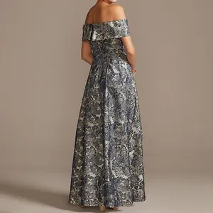 Weixin High Quality Women Clothing Off The Shoulder Fold Floral Jacquard Gown Evening Dress