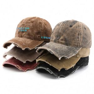 Fashion Design Custom Embroidery Logo 6 Panel Soft <b>Top</b> Blank Baseball Cap Vintage Washed Cotton Curved <b>Distressed</b> Brim Dad Hat - Product Image 1