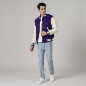 <b>Mens</b> Varsity <b>Jacket</b> Purple and <b>White</b> Custom Letterman Baseball Bomber College <b>Jacket</b> with PU Leather Sleeves OEM Manufacturer - Product Image 1