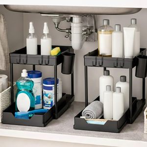 Double Sliding Cabinet Drawer <b>Storage</b> 2 Tier Easy Access Modern Eco-Friendly Bathroom <b>Kitchen</b> Organizers <b>Storage</b> Racks - Product Image 1