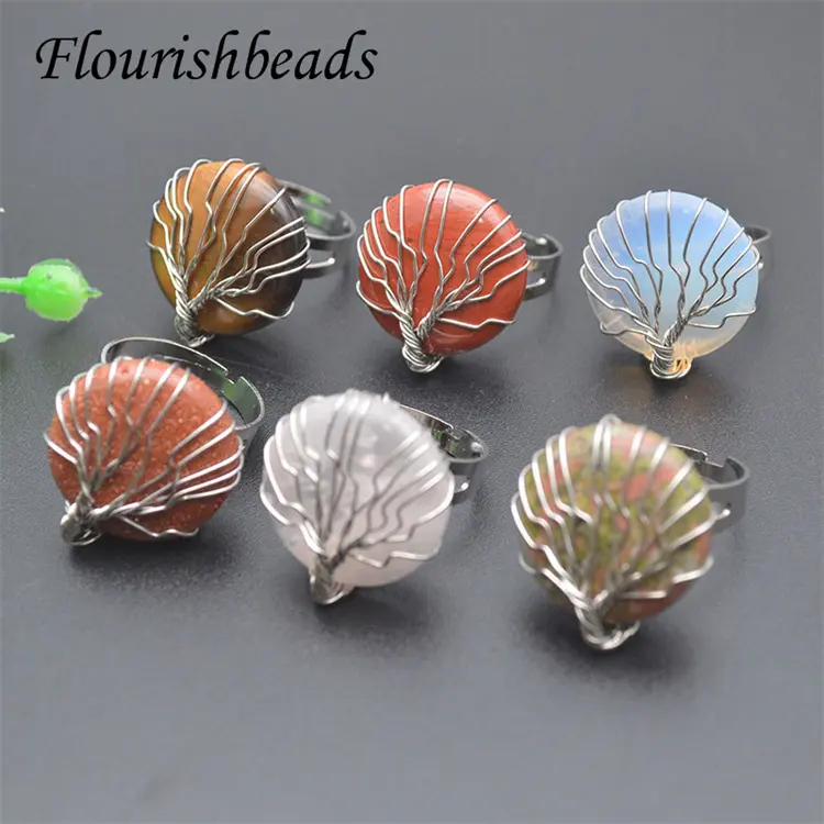 High Quality Silver Plated Natural Energy Stone Unakite Sandstone Rose Quartz Wire Wrapped Life Tree Gemstone Rings