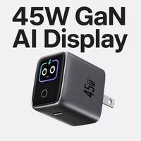 Chargeur rapide GaN 45W avec affichage intelligent AI, contrôle intelligent de la température, adaptateur secteur portable USB Type C pour ordinateur portable, téléphone, tablette