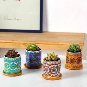 Ensemble de pots à plantes succulentes avec motif mandala personnalisé JM, plateau de drainage <span class=keywords><strong>en</strong></span> <span class=keywords><strong>bambou</strong></span>, décoration de jardin et de maison, pots <span class=keywords><strong>en</strong></span> céramique, pots à fleurs - Product Image 2