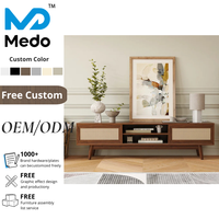 Meuble TV en rotin sur mesure de style Mid-Century, console multimédia moderne en bois, meuble de salon, centre de divertissement, armoire OEM ODM