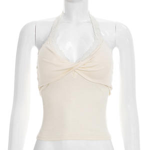 Viviblook J26TP037, nueva camiseta sin mangas de verano para mujer, chaleco sin mangas de encaje sexy, Top corto ajustado con cuello Halter para mujer - Product Image 2