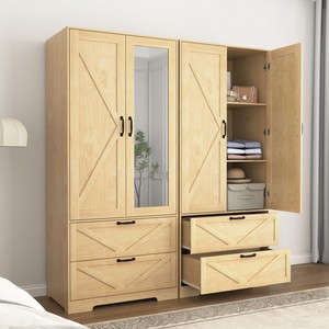 2-Door Wood Modern Apartment <b>Wardrobe</b> <b>Hanging</b> Rod Induction Light Built-in Mirror Bottom Drawers Multifunctional Bedroom Closet - Product Image 3