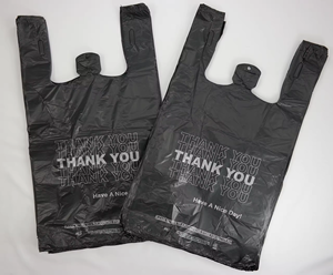 Hdpe alışveriş çantası s tek kullanımlık bakkal torbaları 1/6 siyah plastik alışveriş çantası beyaz logo - Product Image 6