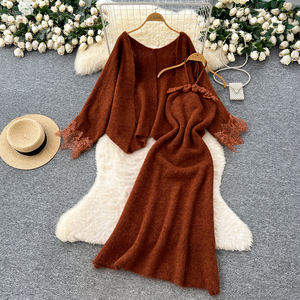 Set da donna due pezzi da donna con rifiniture in pizzo in <span class=keywords><strong>maglia</strong></span> Cardigan <span class=keywords><strong>oversize</strong></span> abito a canotta floreale 3d abito da donna 2 pezzi abito da donna - Product Image 1