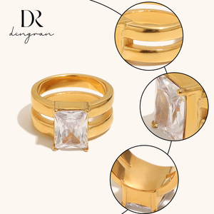 Bague carrée double couche en acier inoxydable plaqué or 18 carats Dingran avec zircon taille émeraude pour femme – Bijoux tendance en gros - Product Image 4