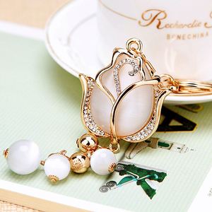 Trendy Women Rhinestone Diamond Tulip Floral <b>Key</b> <b>Chain</b> Pink White Opal Tulip Flower Pendant Keychain - Product Image 4