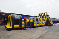Parcours d'obstacles gonflable géant commercial avec toboggan pour enfants et adultes, idéal pour événements extérieurs, jeu de défi noir et jaune, OEM disponible
