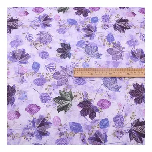 厂家直销手绘水彩纹理紫色多伦多枫叶定制数码印花亚麻面料服装