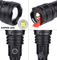 Lampe torche LED zoomable haute puissance XHP 90 rechargeable longue portée super lumineuse avec corps en alliage d'aluminium et marteau de sécurité intégré