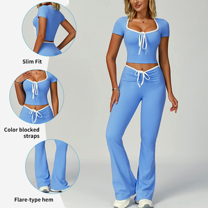 Tz2017 Yoga 2 pezzi set di colore contrasto manica corta Top Cropped con fascia per capelli a forma di V in vita a forma di abbigliamento da palestra all'aperto - Product Image 1