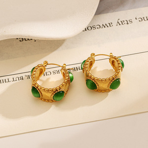 Pendientes de Aro Chapados en Oro con Piedra Verde Engastada, Joyería de Fiesta, Pendientes de Moda para Mujer, Diseño Geométrico en Forma de U - Product Image 1