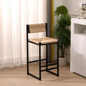 Juego de 2 taburetes de bar estilo moderno con asiento y respaldo de cuerda de papel tejida a mano, estructura metálica, calidad comercial para isla de cocina - Product Image 6
