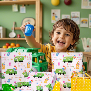 Papel de Regalo Reversible con Diseño de Camión de Basura para Niños, con Estampado de Letras de Feliz Cumpleaños y Puntos Amarillos, para Cajas de Regalo y Manualidades - Product Image 2