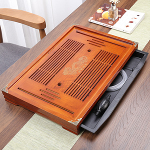 Plateau à thé en bois massif Harmonie et Auspicieux avec tiroir de drainage, plateau de service pour service à thé Kung Fu, plateau de récupération d'eau, table à thé en gros - Product Image 1