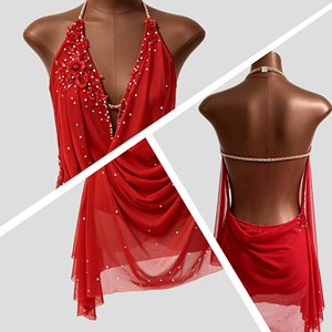 Costume de danse lyrique rouge pour filles, robe de performance de pole dance en mousseline drapée à col halter avec strass, costume de scène personnalisé - Product Image 2