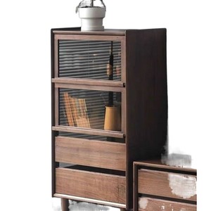 Living Room Storage <b>Cabinet</b> <b>Walnut</b> Color Solid Wood Standing <b>Cabinet</b> With Glass Door And Drawers For Home Use - Product Image 5