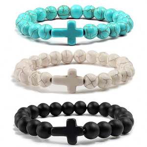 Bracelet extensible en pierres semi-précieuses de 8 mm, turquoise, avec croix en perles, pour homme, idéal pour un cadeau (vente en gros) - Product Image 1