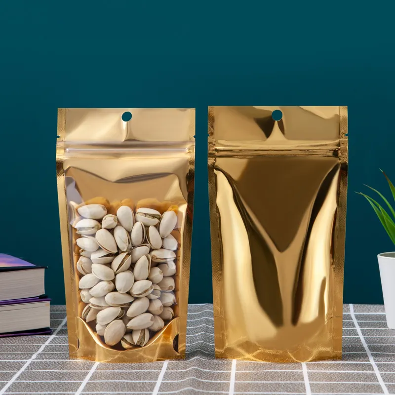 جودة عالية مخصص مطبوع معدني الحقيبة واقفة مايلار زيب قفل الحقيبة مربعة الجزء السفلي حقيبة الطعام PE مخصص الغذاء وجبات خفيفة الذهبية