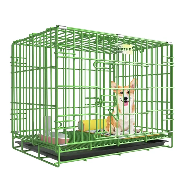 Foldable Collapsible Wired Metal Stacked Solid Pattern Plastic Tray Button Closure Dog House Pet Cages