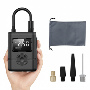 เครื่องเติมลมยางดิจิตอลแบบพกพา 12V สูบเดียว พลาสติกสีดำ ขนาดกะทัดรัด ใช้ได้กับรถยนต์และมอเตอร์ไซค์ พร้อมเกจวัดแรงดันและอุปกรณ์วาล์ว - Product Image 1