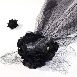 European American <b>Black</b> Skull Mesh Veil Simulation <b>Rose</b> Lace Edge Accessories Halloween Birthday Holiday Headband Costume - Product Image 5