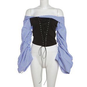 Hot Sale Long Sleeve Off Shoulder Asymmetric <b>Patchwork</b> Lace up Crop <b>Tops</b> and Blouses Fashion - Product Image 2