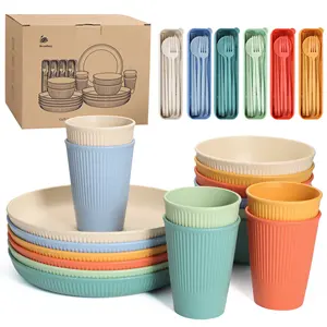 Wholesale custom 24 piece Plastic wheat straw cutlery wheat straw dinnerware set