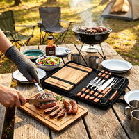 Ensemble de 16 pièces d'outils de barbecue pour le camping en plein air, comprenant un couteau à steak en acier inoxydable avec manche en bois, une fourchette, une planche à découper dans un sac portable