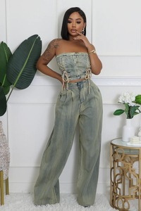 2025 da <span class=keywords><strong>donna</strong></span> <span class=keywords><strong>con</strong></span> cintura elastica a gamba larga <span class=keywords><strong>Jeans</strong></span> nuovo tubo <span class=keywords><strong>con</strong></span> lacci lavati Top Vintage <span class=keywords><strong>in</strong></span> due pezzi Set cintura <span class=keywords><strong>in</strong></span> Denim Sexy per l'estate - Product Image 2