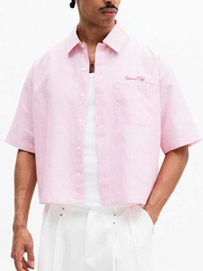 Camicie a maniche corte da uomo personalizzate all'ingrosso, casual, a righe, versatili, traspiranti, alla moda, rosa - Product Image 6