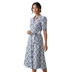 Robe midi moderne en coton imprimé cachemire bleu, col en V, avec ceinture, coupe trapèze, décontractée, pour tous les jours, manches courtes, col rabattu - Product Image 1