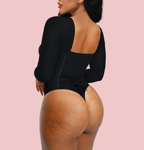 Sexy Thong Shapewear Bodysuit Long Sleeve Lace-up Adjustable Waist Cincher Jumpsuit