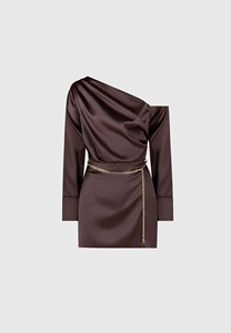 One Shoulder Satin Mini Dress With <b>Chain</b> Belt High <b>Waist</b> Bodycon Fitted Long Sleeve Solid Color Party Wear Autumn Style - Product Image 6