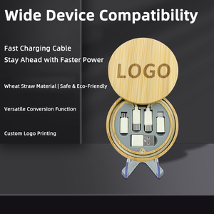 Custom Logo Bamboo <b>USB</b> Cable Set Round Tangle Free Charging Cable Organizer With Carabiner - Product Image 5