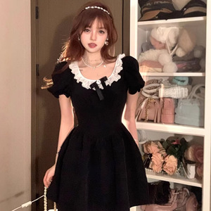 French Little Black Dress Square Neck Lace Trim Bow Puff Sleeve Slim Waist Short Skirt Women Vintage Breathable Leisure Dress - Product Image 1