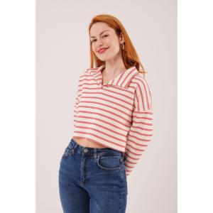 Sudadera Corta con Cuello Polo a Rayas Rojas para Mujer, Sudaderas con Capucha al por Mayor - Product Image 2