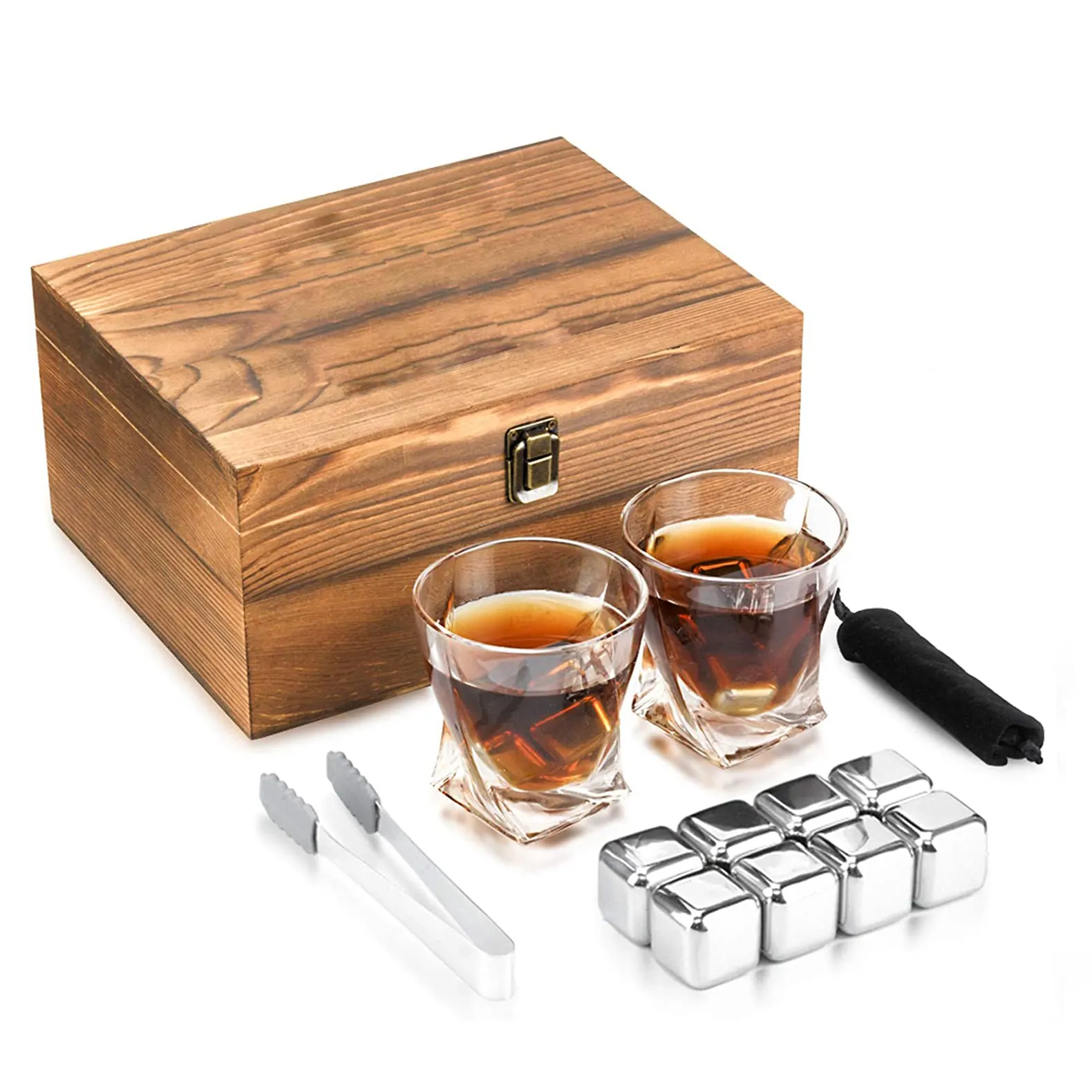 Herbruikbare Ijsblokje Roestvrijstalen Wijnglazen Whisky Steen Geschenkset In Houten Kist