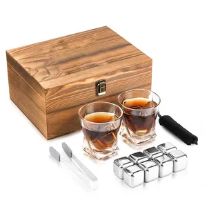 Reusable Ice Cube Stainless Steel Wine Glasses Whiskey Stone Gift Set In Wooden Box