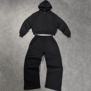 Conjunto de chándal de algodón grueso personalizado para hombre: Sudadera con capucha extragrande con cremallera y pantalones de chándal de pierna ancha, estilo urbano, en blanco. - Product Image 5