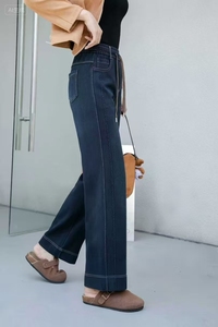 <span class=keywords><strong>Jean</strong></span> décontracté vintage taille haute en denim pour femme, coupe ample, jambe droite, avec cordon de serrage, respirant, extensible et ample - Product Image 5
