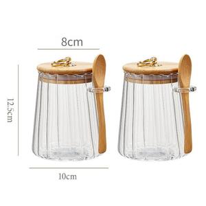 Bocaux de rangement de cuisine transparents à rayures verticales côtelées, 16 oz (500 ml), en verre avec couvercle et cuillère en bambou - Product Image 1