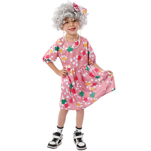 Disfraz de abuela para niños, vestido floral rosa con peluca y bastón para fiesta, actuación de Halloween - Product Image 2