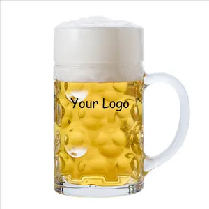 Jarra de cerveza recta con logotipo impreso con láser personalizado, Copas de cerveza con hoyuelos, de cristal, con mango, 1 litro